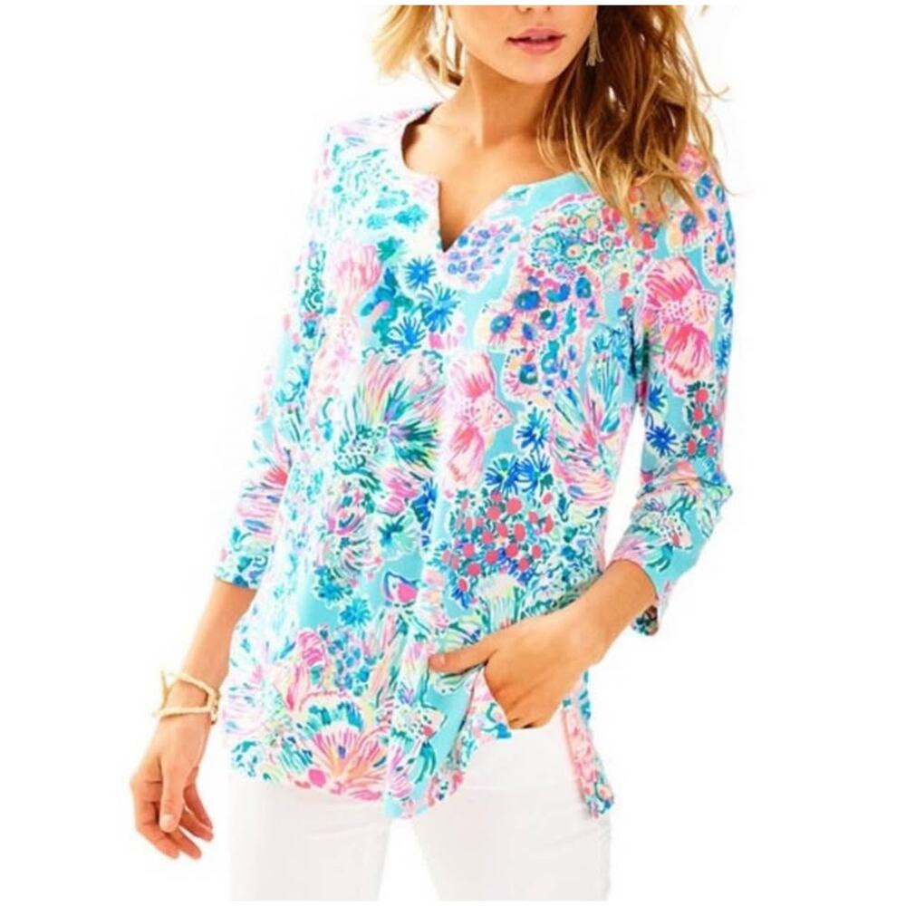 Lilly Pulitzer Blue and Pink Floral Long Sleeve Top